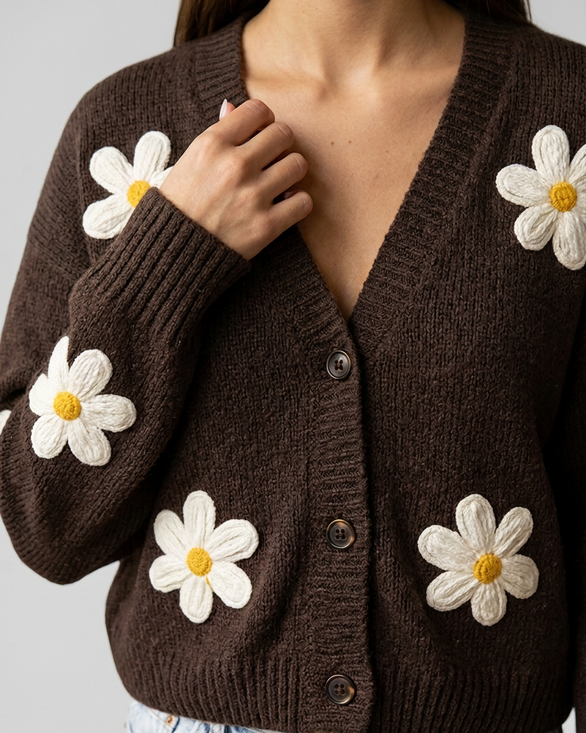 Cárdigan Millie Chocolate | Cárdigan de punto con flores en relieve