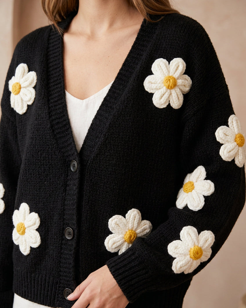 Cárdigan Millie Noir | Cárdigan de punto con flores en relieve