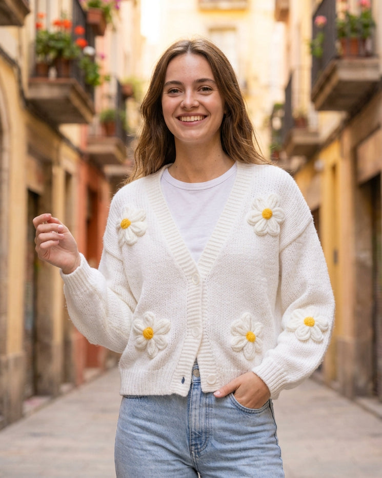 Cárdigan Millie Blanco | Cárdigan de punto con flores en relieve